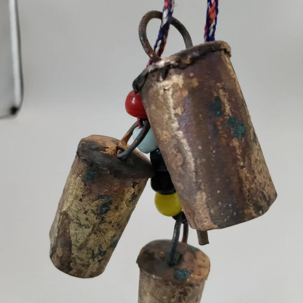 VTG Indian Tin Cow Bells Boho Hanging Cluster 3 Brass Finish Glass Beads Rope